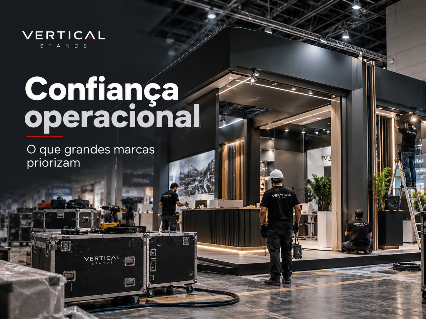 Capa sobre confiança operacional na montagem de estandes com equipe da Vertical Stands em atividade de montagem