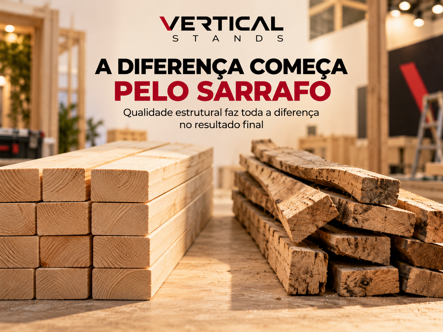 Capa comparando sarrafo de qualidade estrutural premium com sarrafo irregular na montagem de estandes