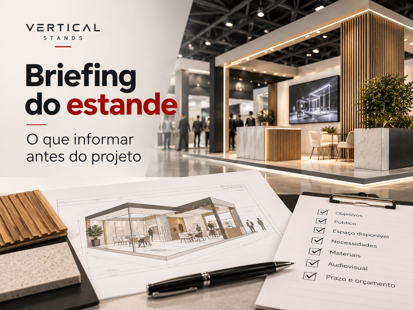 Capa sobre briefing para estande de feira com planta do projeto e checklist de informações para orçamento